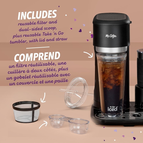 Cafetière 4-en-1 à une tasse pour café au lait, café glacé et café chaud de Mr. Coffee | Machine avec moussoir à lait, gobelet et filtre réutilisable