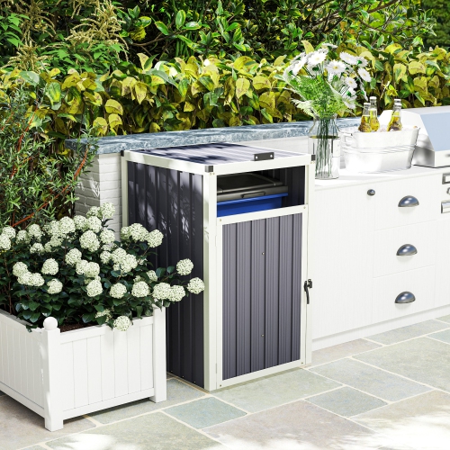 Outsunny Single Garbage Bin shed , 29" x 32" x 48" Outdoor Storage shed with Lockable Door and 180° Openable Lid, Galvanized Garbage Cabinet for