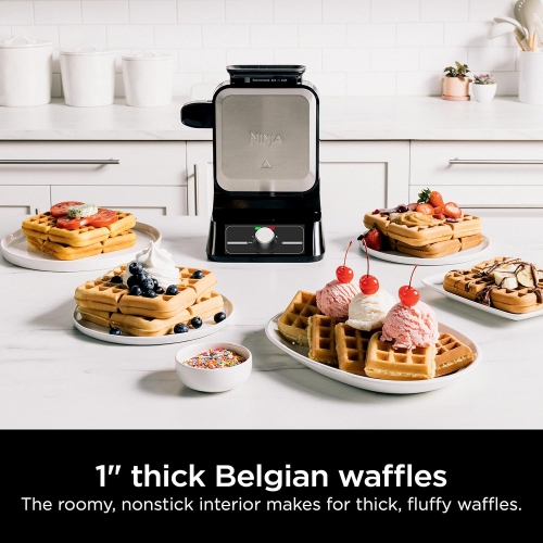 Ninja BW1000C Belgian Waffle Maker, Nonstick, 5 Shade Settings, Easy to Clean, Black/Silver, 12 inch