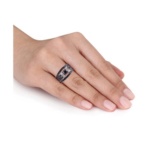 1.28 Carat Black Diamond Engagement Ring and Wedding Band Set in Sterling Silver