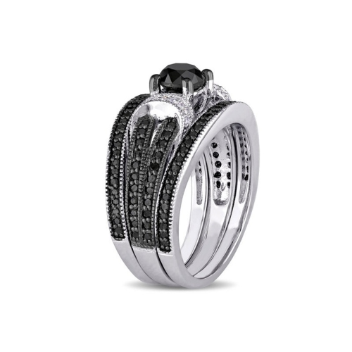 1.28 Carat Black Diamond Engagement Ring and Wedding Band Set in Sterling Silver