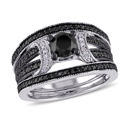 GEM AND HARMONY  1.28 Carat (Ctw) Diamond Engagement Ring And Wedding Band Set In Sterling Silver In Black