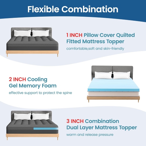 CoolHut Mattress Topper CalKing Size 3-Inch Dual-Layer Mattress Topper with 1-Inch Pillow Top and 2-Inch Cooling Gel Memory Foam, For Back Pain