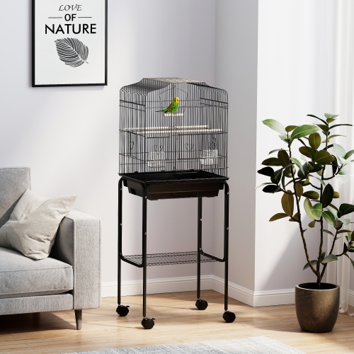 PawHut 49" Bird Cage for Finches, Canaries, Budgies, Parrot Cage with Accessories, Wheels, Detachable Stand, Storage, Black
