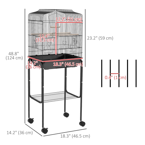 PawHut 49" Bird Cage for Finches, Canaries, Budgies, Parrot Cage with Accessories, Wheels, Detachable Stand, Storage, Black