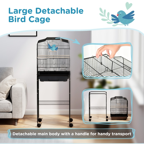PawHut 49" Bird Cage for Finches, Canaries, Budgies, Parrot Cage with Accessories, Wheels, Detachable Stand, Storage, Black