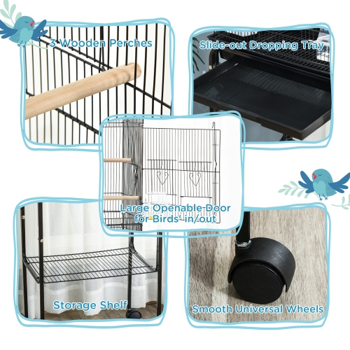 PawHut 49" Bird Cage for Finches, Canaries, Budgies, Parrot Cage with Accessories, Wheels, Detachable Stand, Storage, Black