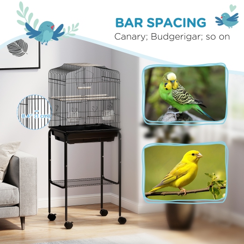 PawHut 49" Bird Cage for Finches, Canaries, Budgies, Parrot Cage with Accessories, Wheels, Detachable Stand, Storage, Black