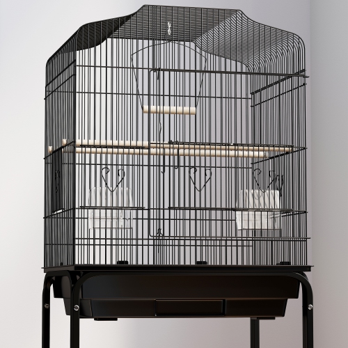 PawHut 49" Bird Cage for Finches, Canaries, Budgies, Parrot Cage with Accessories, Wheels, Detachable Stand, Storage, Black