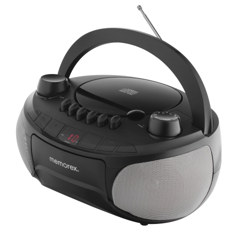 Image 1 de 5.. Memorex Portable Top Loading CD Cassette Boombox with AM/FM Stereo Radio in Black | CD-R/CD-RW Compatible | LED Display | AUX Port Supported |