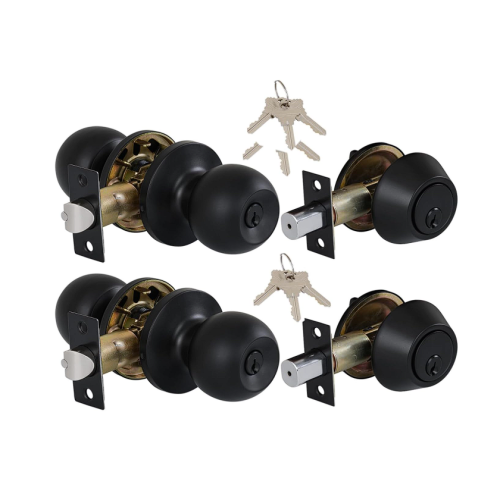 (2 Sets) Keyed Same Entry Knobs & Single Cylinder Deadbolt for Exterior Front Doors, Matte Black Finish Entry Door Lock
