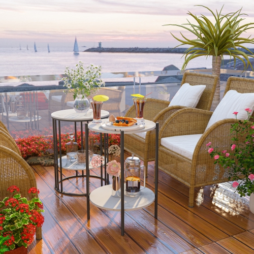 Modern Round Coffee Table 2 Tiers Sofa Side Table Elegant Marble Bedside Nightstand Sofa Edge End Table with Metal Frame for Living Room Bedroom-Black