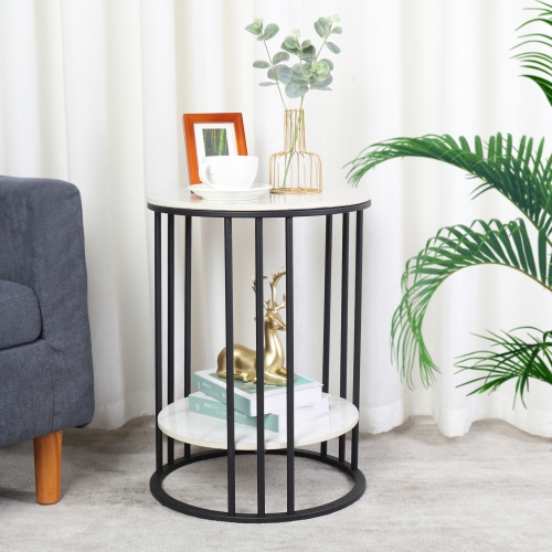 Modern Round Coffee Table 2 Tiers Sofa Side Table Elegant Marble Bedside Nightstand Sofa Edge End Table with Metal Frame for Living Room Bedroom-Black