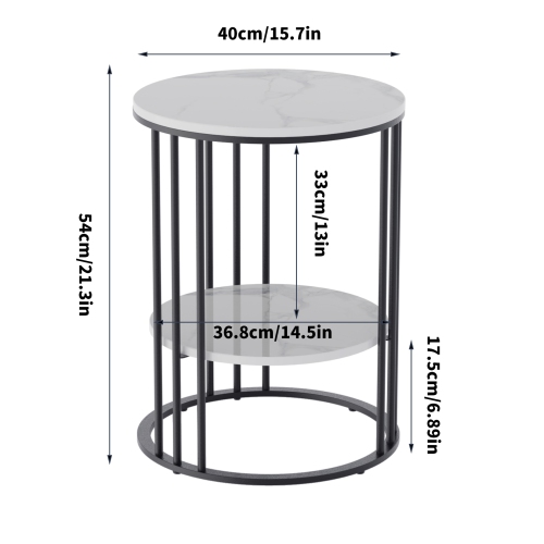 Modern Round Coffee Table 2 Tiers Sofa Side Table Elegant Marble Bedside Nightstand Sofa Edge End Table with Metal Frame for Living Room Bedroom-Black