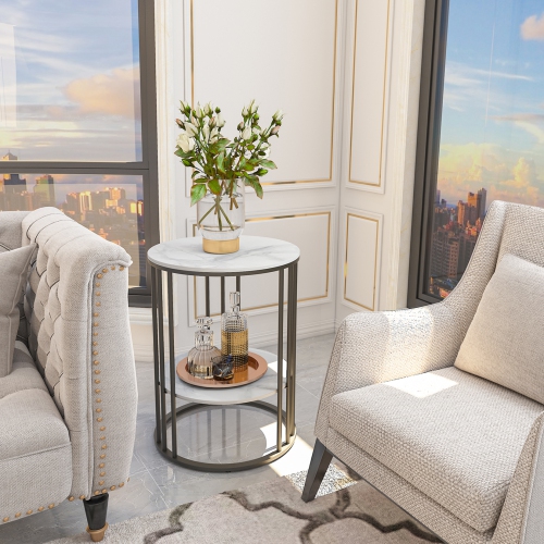 Modern Round Coffee Table 2 Tiers Sofa Side Table Elegant Marble Bedside Nightstand Sofa Edge End Table with Metal Frame for Living Room Bedroom-Black