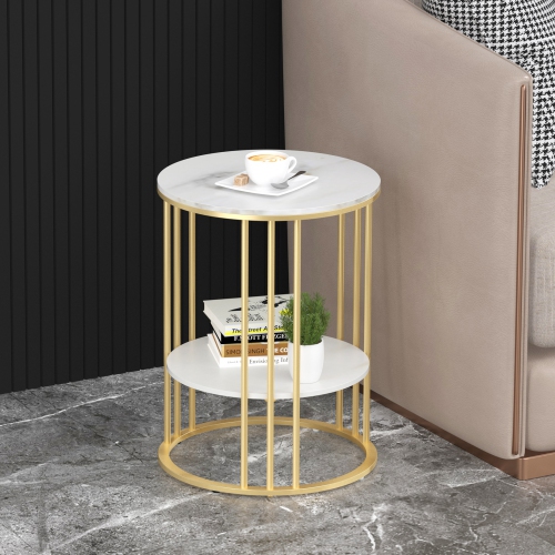 Modern Round Coffee Table 2 Tiers Sofa Side Table Elegant Marble Bedside Nightstand Sofa Edge End Table with Metal Frame for Living Room Bedroom-Gold