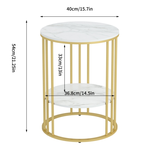 Modern Round Coffee Table 2 Tiers Sofa Side Table Elegant Marble Bedside Nightstand Sofa Edge End Table with Metal Frame for Living Room Bedroom-Gold