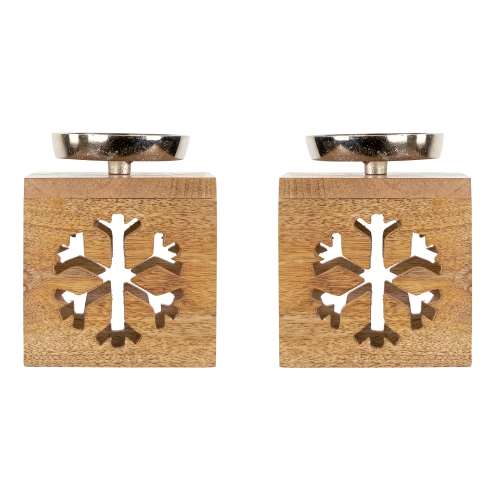 Snowflake Box Wooden Christmas Tealight Holders - 4.75" - Set of 2