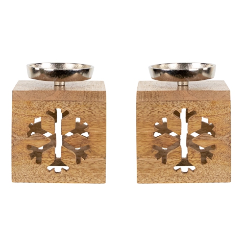 Snowflake Box Wooden Christmas Tealight Holders - 4.75" - Set of 2