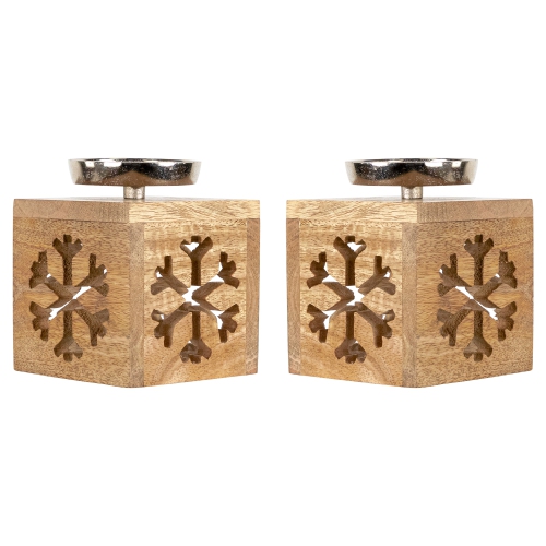 Snowflake Box Wooden Christmas Tealight Holders - 4.75" - Set of 2
