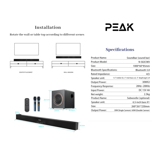 PEAK Karaoke BLUETOOTH Soundbar with 2 wireless Mics and Subwoofer