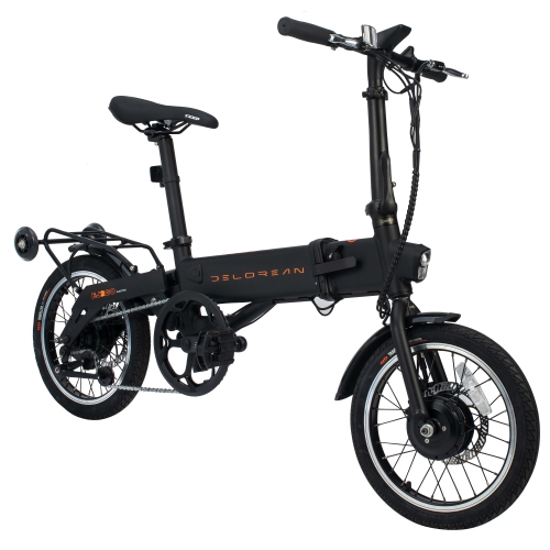 the Delorean 350W Folding E-Bike, featuring roller wheels and pedal assist.