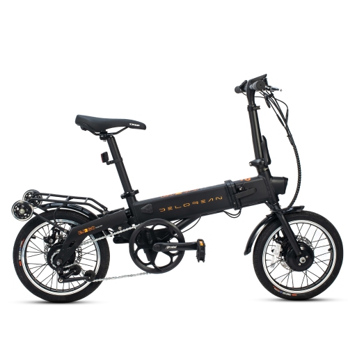 the Delorean 350W Folding E-Bike, featuring roller wheels and pedal assist.