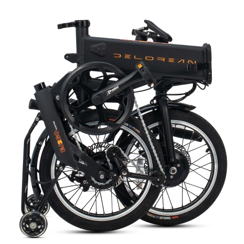 the Delorean 350W Folding E-Bike, featuring roller wheels and pedal assist.