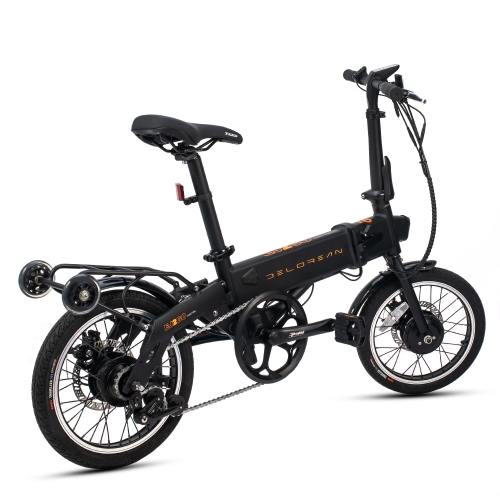 the Delorean 350W Folding E-Bike, featuring roller wheels and pedal assist.