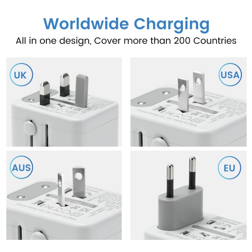 GONEO Universal Travel Adapter with USB-C & USB-A Ports | 6-in-1 International Power Adapter for EU, UK, US, AU | Compact Design for Worldwide Use