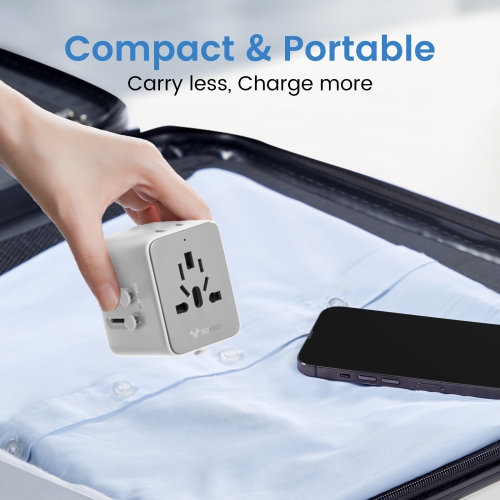GONEO Universal Travel Adapter with USB-C & USB-A Ports | 6-in-1 International Power Adapter for EU, UK, US, AU | Compact Design for Worldwide Use