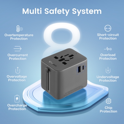 GONEO Universal Travel Adapter, 20W International Power Adapter 6A 1 USB C 1 USB A Ports, Plug Adaptor Travel Worldwide, Travel Charger Outlet