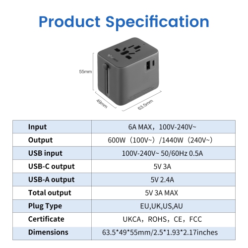 GONEO Universal Travel Adapter, 15W International Power Adapter 6A 1 USB C 1 USB A Ports, Plug Adaptor Travel Worldwide, Travel Charger Outlet