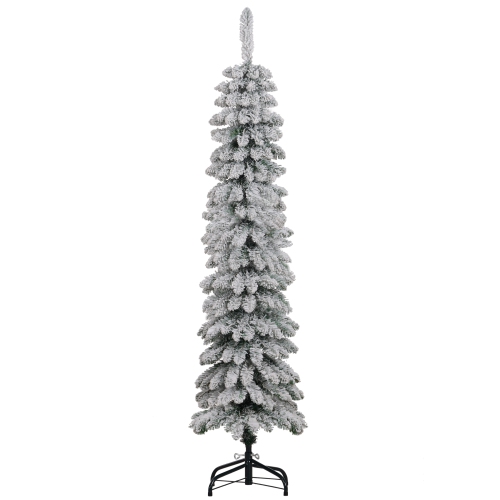 HOMCOM  5 Ft Snow-Flocked Artificial Christmas Tree, Slim Pencil Xmas Tree With Realistic Branches, Metal Base In Green