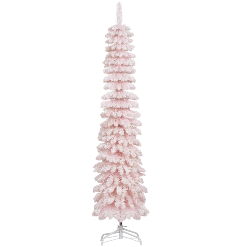 HOMCOM 6 FT Snow-Flocked Artificial Christmas Tree, Slim Pencil Xmas Tree with Realistic Branches, Metal Base, Pink