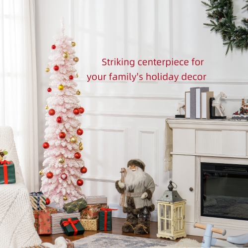 HOMCOM 6 FT Snow-Flocked Artificial Christmas Tree, Slim Pencil Xmas Tree with Realistic Branches, Metal Base, Pink