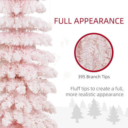 HOMCOM 6 FT Snow-Flocked Artificial Christmas Tree, Slim Pencil Xmas Tree with Realistic Branches, Metal Base, Pink
