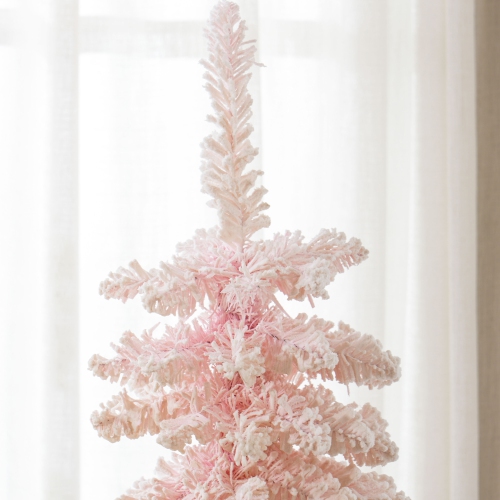 HOMCOM 6 FT Snow-Flocked Artificial Christmas Tree, Slim Pencil Xmas Tree with Realistic Branches, Metal Base, Pink