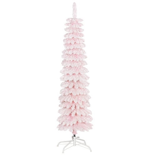 HOMCOM 5 FT Snow-Flocked Artificial Christmas Tree, Slim Pencil Xmas Tree with Realistic Branches, Metal Base, Pink