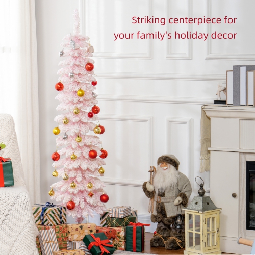 HOMCOM 5 FT Snow-Flocked Artificial Christmas Tree, Slim Pencil Xmas Tree with Realistic Branches, Metal Base, Pink
