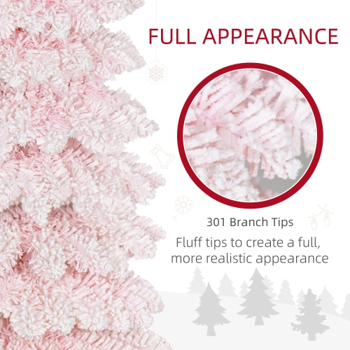 HOMCOM 5 FT Snow-Flocked Artificial Christmas Tree, Slim Pencil Xmas Tree with Realistic Branches, Metal Base, Pink
