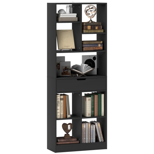 HOMCOM Tall Bookshelf with Drawer, Freestanding Bookcase with Open Shelves, Shelving Unit, Display Rack for Bedroom, Living Room, Home Office, Black