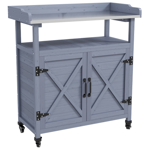 Banc de rempotage extérieur Outsunny, table de rempotage en bois avec armoire de rangement, dessus de table en aluminium, roulettes en caoutchouc pou