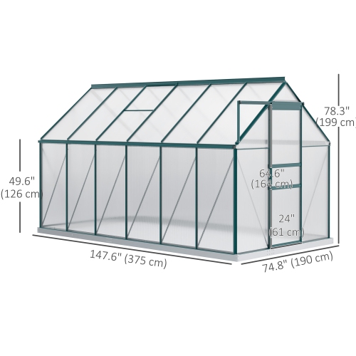 Greenhouse en polycarbonate Outsunny, 6 x 12 x 6,5 pi, maison verte avec évent de toit réglable, base galvanisée, porte coulissante pour jardin
