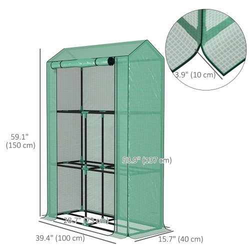 Mini serre Outsunny avec 3 tablettes, maison chaude portative avec porte enroulable pour intérieur extérieur, 39 x 4 x 59,1 po, vert