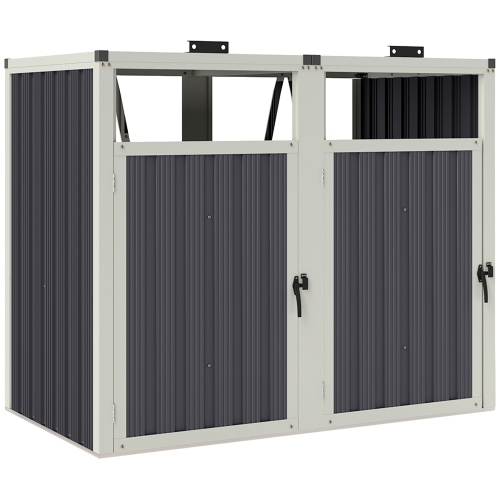 OUTSUNNY  Double Garbage Bin Shed, 57.5" X 32" X 48" Outdoor Storage Shed \w Lockable Door And 180° Openable Lid, Galvanized Garbage Cabinet For