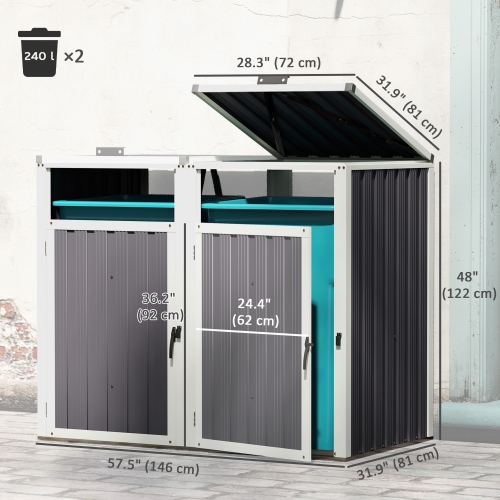 Outsunny Double Garbage Bin shed, 57.5" x 32" x 48" Outdoor Storage shed with Lockable Door and 180° Openable Lid, Galvanized Garbage Cabinet for