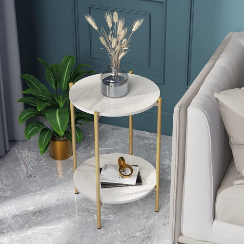 2 Tier Round Coffee Table: Modern Nordic Solid Marble Sofa Side End Corner Table Metal Frame Nightstand Storage for Lounge Living Room Coffee Gold