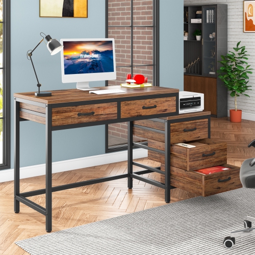 Tribesigns Home Office Desk with 5 Drawers, Industrial Computer Desk Workstation with Reversible Drawer Cabinet, Rustic Brown