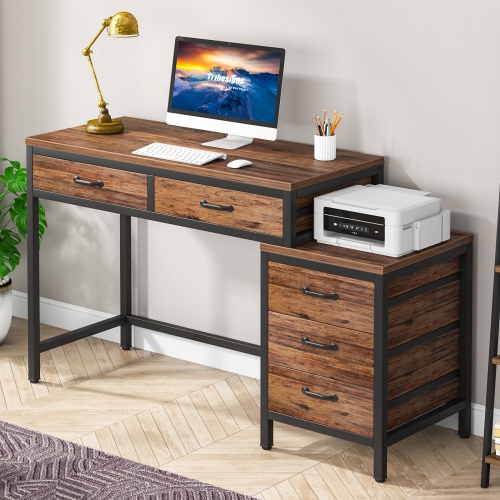 Tribesigns Home Office Desk with 5 Drawers, Industrial Computer Desk Workstation with Reversible Drawer Cabinet, Rustic Brown